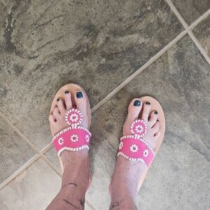 Women’s Jack Rodger's Pink Floral Leather Slide Sandals with Slight Wedge